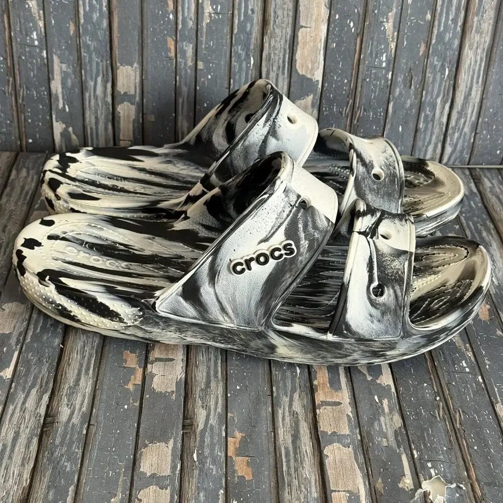 Crocs Classic 2 Strap Men's Marble Comfort Sandals Black White Sz 14